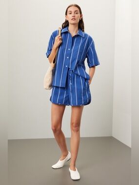 Madewell Blue Vertical-Stripe Button Shirt AND Short SET